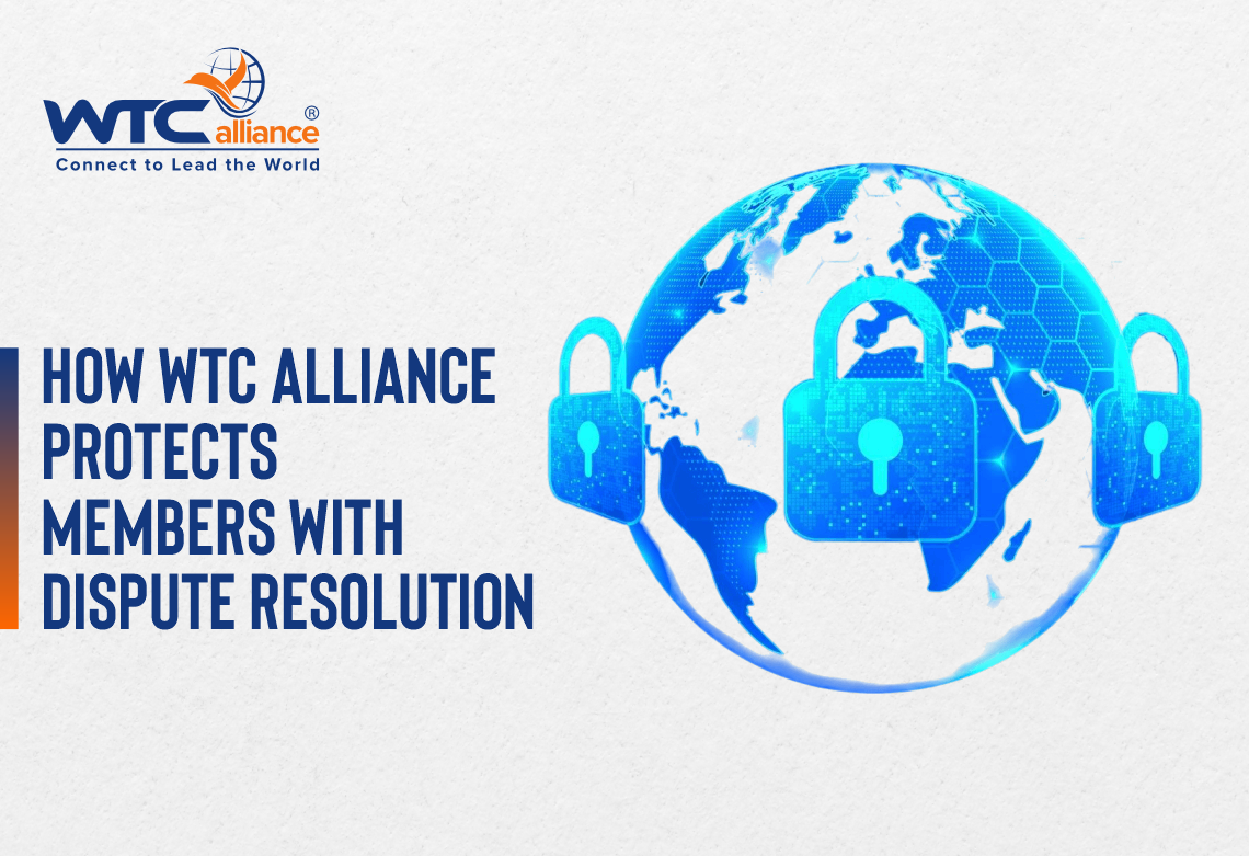 WTCalliance global dispute resolution protection concept showing secured digital globe with padlock shields representing freight forwarder risk protection and professional mediation services across 120+ countries